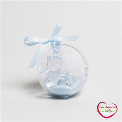 Contenant dragées avec ourson translucide dans boule pvc